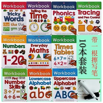 10 Книги/Комплект Избършете Чиста работна книга Деца Деца Английски Книжка с картинки Научете ABC азбука/Времена/Математика/Трудни фонетични думи
