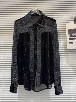 HIGH STREET Най-новата дизайнерска блуза за 2024 г. Дамски диаманти Мъниста кадифе пачуърк марля риза