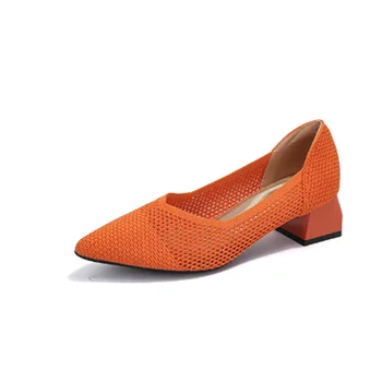 Lady Block Square Med Heels 4cm Помпи Остри обувки за пръсти Плетене Дишаща Slip-On за OL Orange Leopard Low Cutter Fabric 34-43