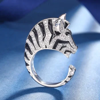 New Creative S925 Silver Zebra проектиран пълен AAA циркон пръст пръстени за женската личност коктейл парти бижута аксесоари