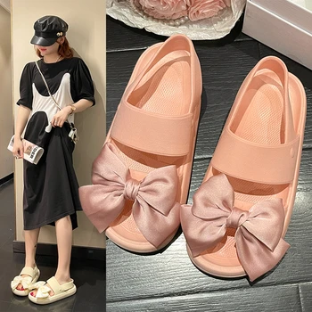 Sweet Girl Style Bow Tie Дамски сандали, носещи леки меки плажни обувки без хлъзгане за летни връхни дрехи 2023 Ново