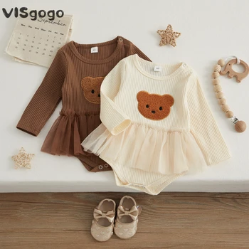 VISgogo 0-18m бебе момичета дрехи плета окото гащеризон рокля мечка модел дълъг ръкав гащеризони за новородено бебе есен сладки дрехи