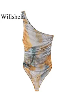Willshela жените мода тюл отпечатани нагънат бодита реколта един презрамки асиметрични женски шик дама стегнати върхове
