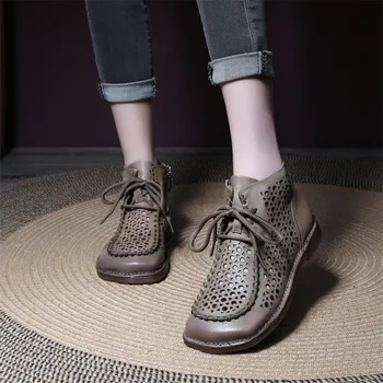 YourSeason Дамски летни обувки от естествена кожа реколта дишащи кухи ботуши 2023 Дамски дантелени ръчно изработени сандали кръгли пръсти