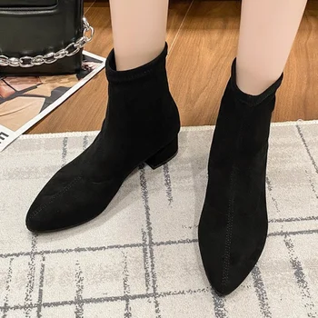 Дамски обувки 2023 Зимни нови чорапени ботуши Жени Дебел ток плетене Stretch Fabric ботуши женски плюс размер 42 Сапатос Муджер