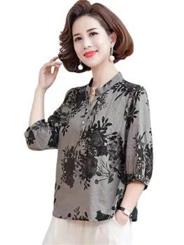 Жени пролетни летни блузи ризи дама мода случайни половин ръкав v-образно деколте яка печат жакард блуза върховете WY0427