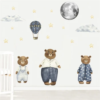 Карикатура мечка семейство с балон Луната звезда стена стикери за деца спалня декорация животински стенопис изкуство направи си сам дома ваденки Pvc плакат